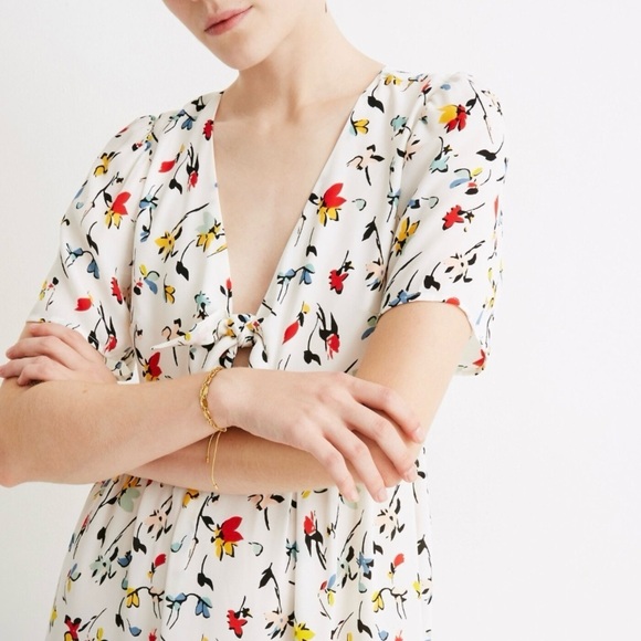 Madewell Tie Front Mini Dress Drifting Flowers Tossed Floral Antique Cream 12 - Picture 3 of 16